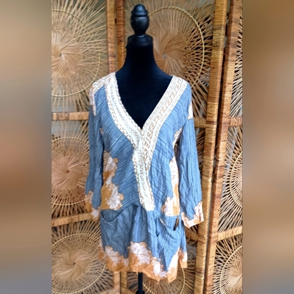 Free People Blue and Tan Women's Top/Dress_Small - Picture 3 of 8